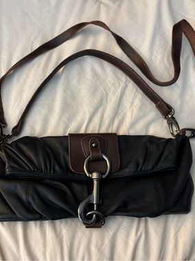 HOBO Y2K vintage Black Leather Clutch with Brown Trim and Gunmetal Hardware